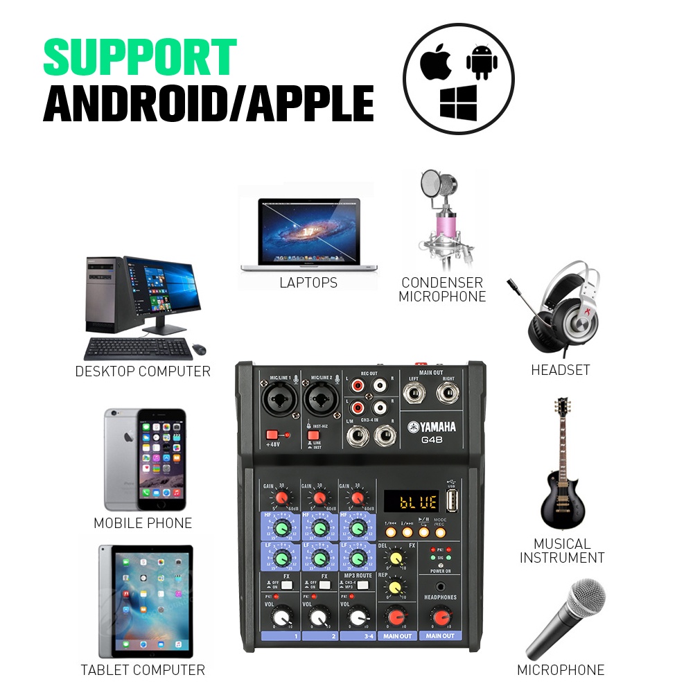 AUDIO MIXER  G4 SBLUETOOTH,USB,RECORD,SOUNDCARD,REVERB Mixer audio saluran 4