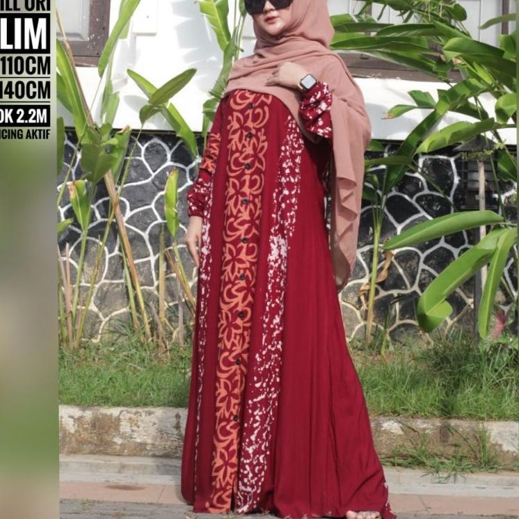 Dijamin Miring harga.. gamis kancing twill ori slim merah maroon by batik aura jaya