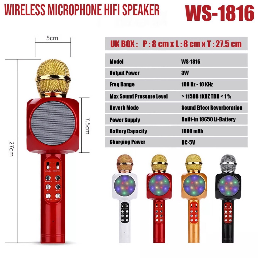 MIC BLUETOOTH KARAOKE WS 1816 MICROPHONE WIRELESS WSTER WS-1816 LAMPU LED RGB