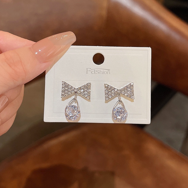 Anting Tusuk Gantung Bahan Sterling silver 925 Desain Pita Hias Zircon Gaya Mewah Untuk Wanita