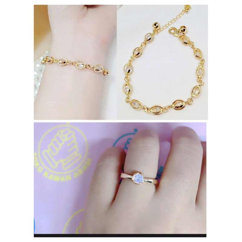 gelang tangan batu bening bonus cincin perhiasan wanita gold