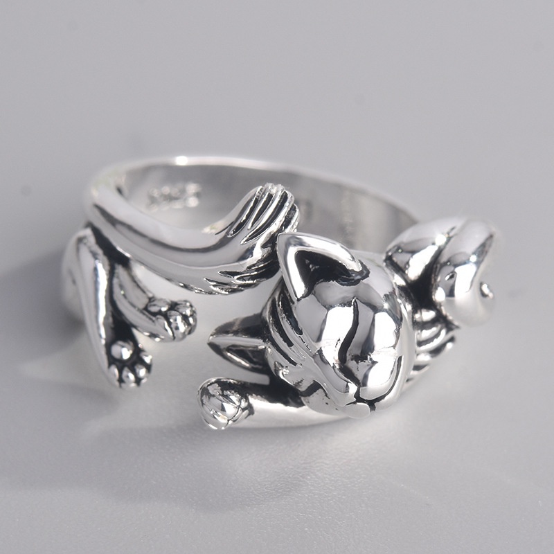 Cincin Model Terbuka Desain Kucing Hitam Totem Bahan Stainless Steel 925