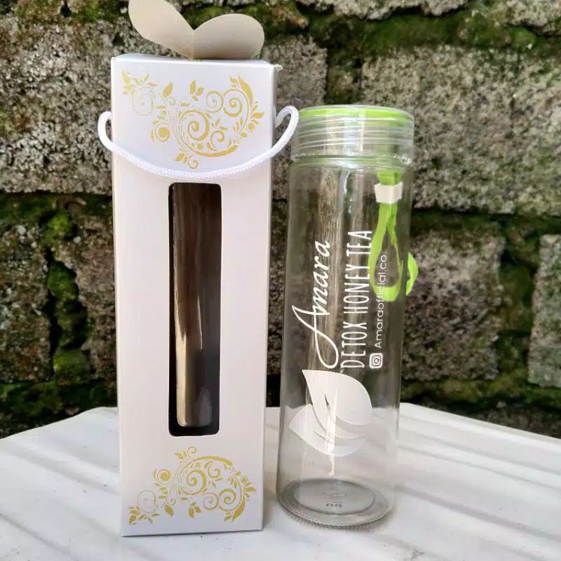 

Souvenir botol kaca bening+ sablon+ kemas box