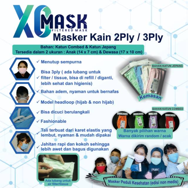 Masker Kain Non Medis XO 2Ply / 3Ply - Masker Anak &amp; Dewasa - Masker jilbab headloop katun