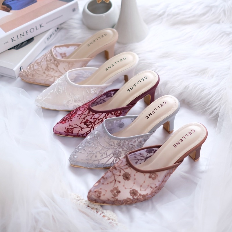 𝗖𝗘𝗟𝗟𝗘𝗡𝗘 Fuji Simply Lace Heels 7 colors / Wedding shoes bassic 7cm selop brukat