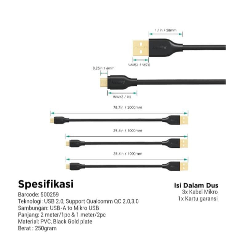 Aukey CB-MD3 Cable 3 in 1 Micro USB 2.0 Gold Plate Isi 3 PCS CBMD3