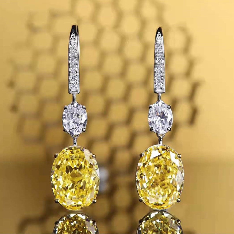 Anting Kait Gantung Bentuk Oval Besar Hias Berlian Imitasi Warna Kuning Untuk Wanita