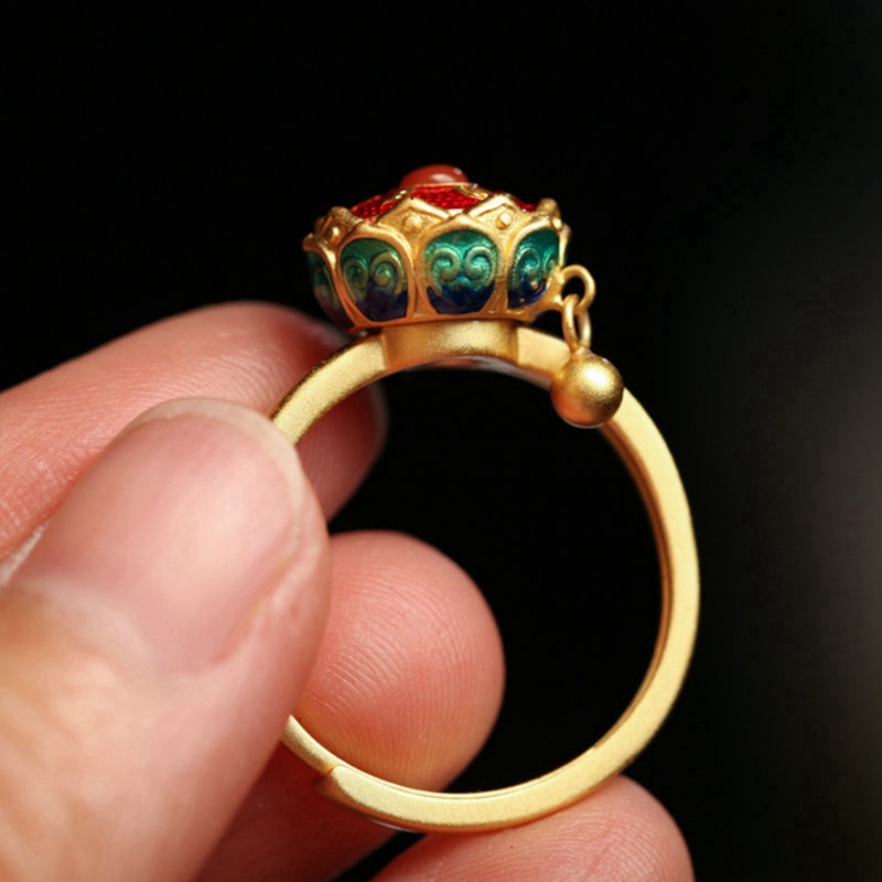 Cincin S925 Pure Silver Model Bunga Teratai Cloisonne Gaya Retro Untuk Wanita