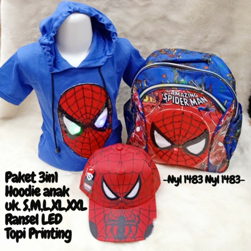 Pakaian Anak Laki Laki Sp1d3rman Paket 3in1 Baju H00d1e Tas dan Topi