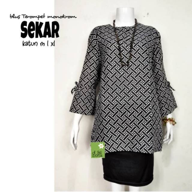 Blus Terompet Monokrom Syakila Batik Sekar Atasan Cantik Kerja Seragam Casual Cakep Kekinian Baru