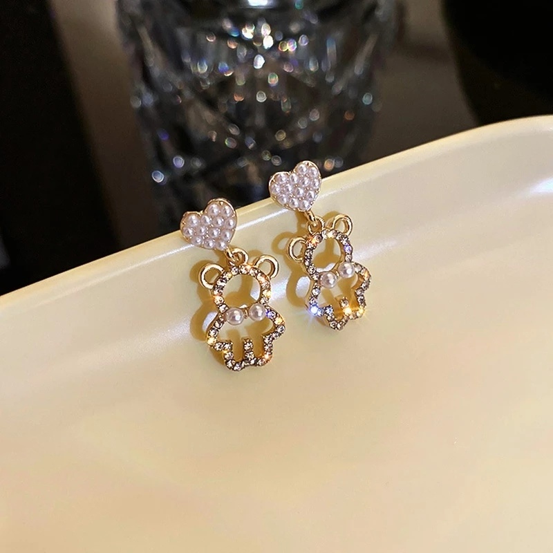 Anting Giwang Simple Elegan Model Beruang Dengan Mutiara + Kristal + Berlian Imitasi Untuk Wanita