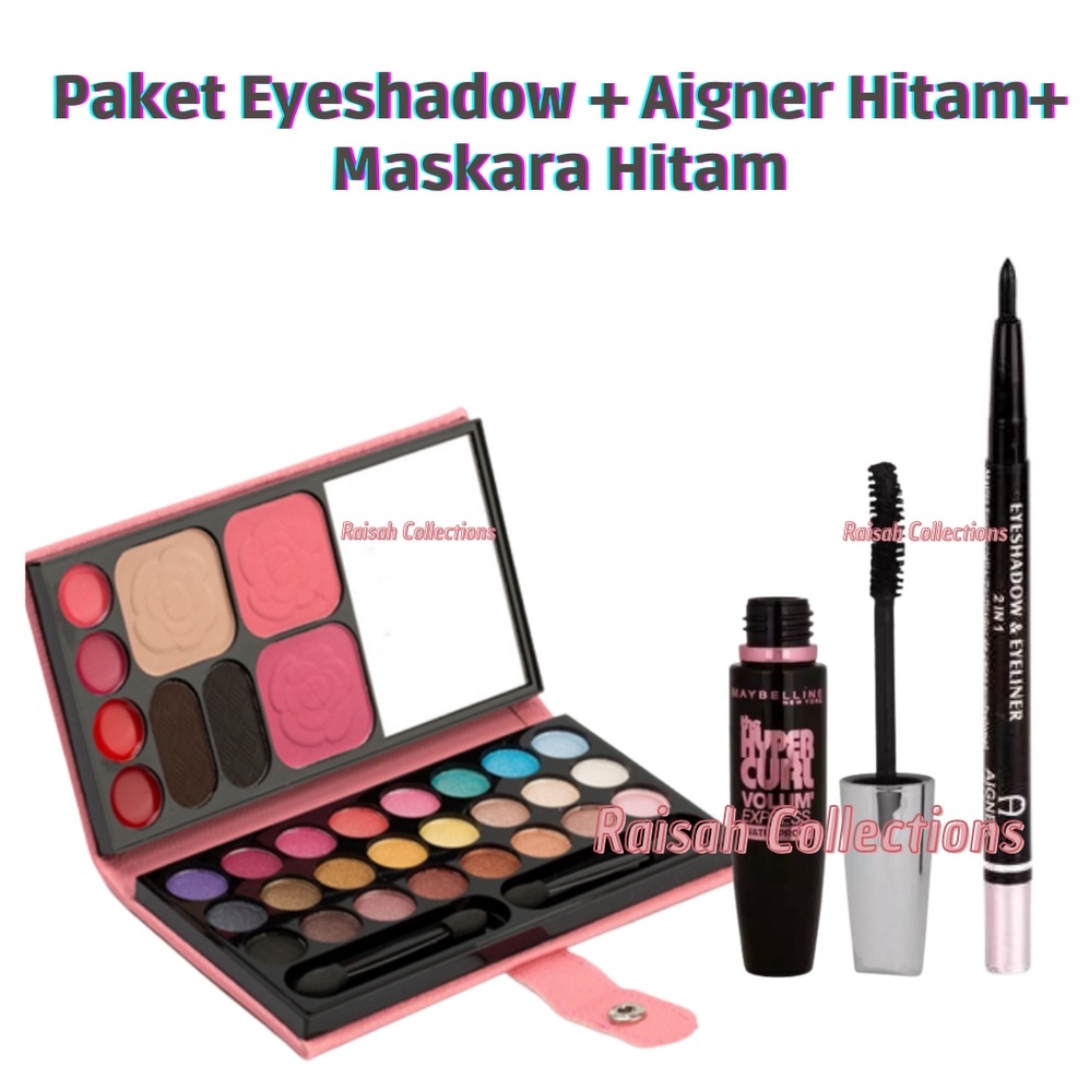 Paket Makeup 3in1 Eyeshadow Palet dompet kecil + Eyeliner putar aigner + Maskara Hitam Waterproof