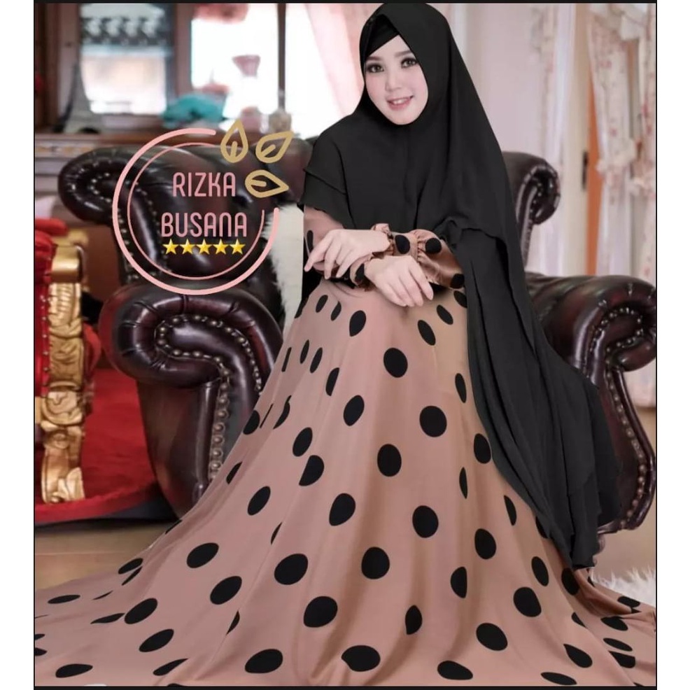 LANGSUNG KIRIM Gamis motif polkadot monalisa kerudung ceruty babydoll dua layer panjang / gamis terbaru polkadot