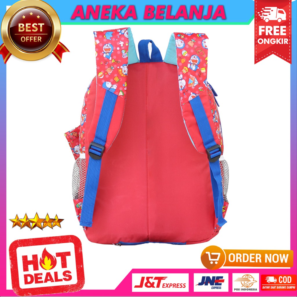 Tas Ransel Sekolah Anak Cewek Rebound Motif Doraemon Warna Merah Lucu Imut Harga Ekonomis Free Raincover