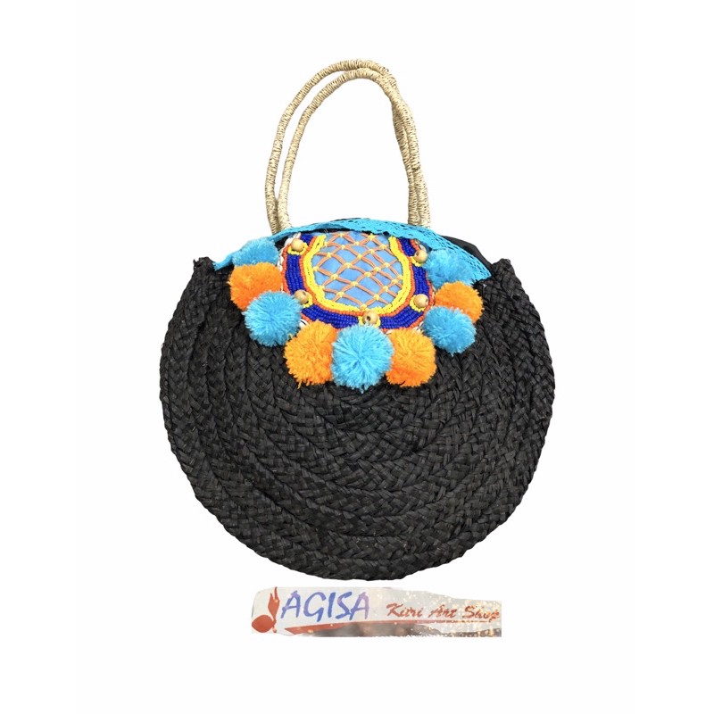 tas anyaman mendong pompom/tas anyaman bangkok / tas mendong sulam /tas mendong hias