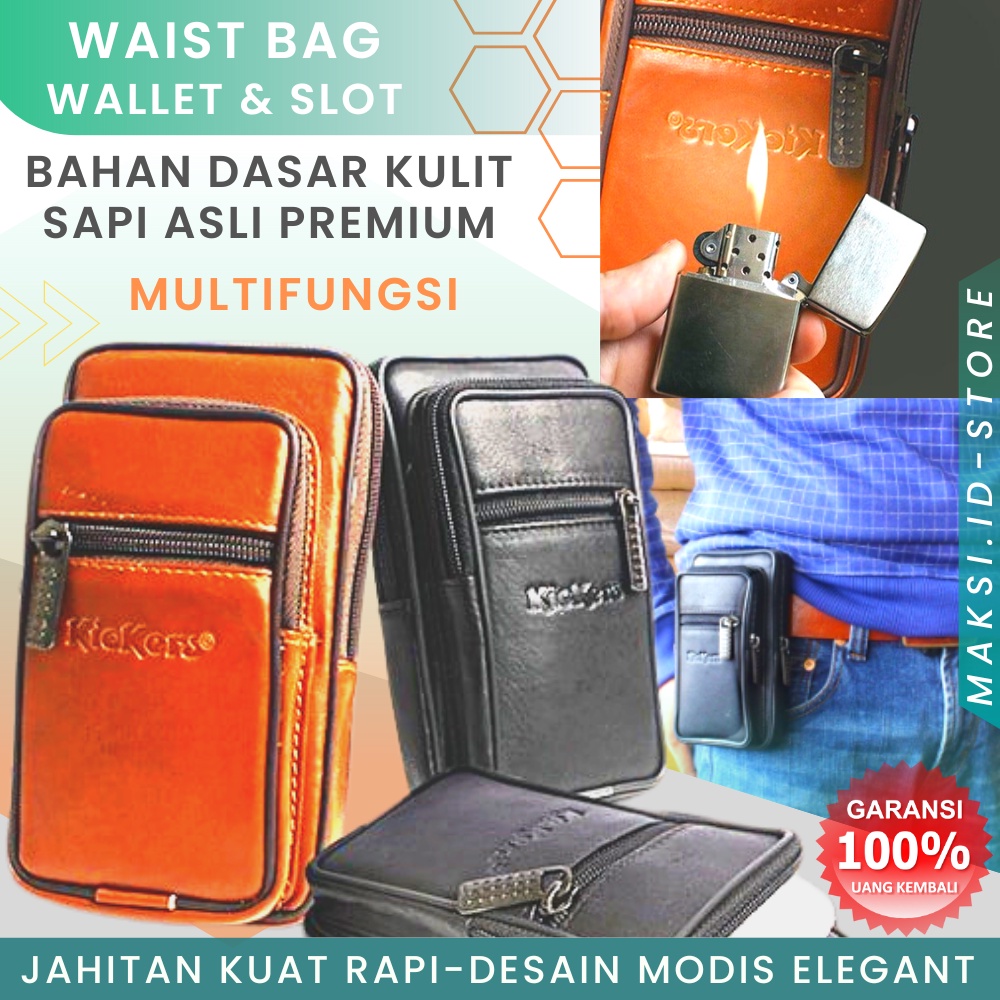 Tas Pinggang Pria Kulit Sapi Asli Waistbag Tas HP Handphone Pinggang Multifungsi P018 Bahan Kulit Sapi Asli