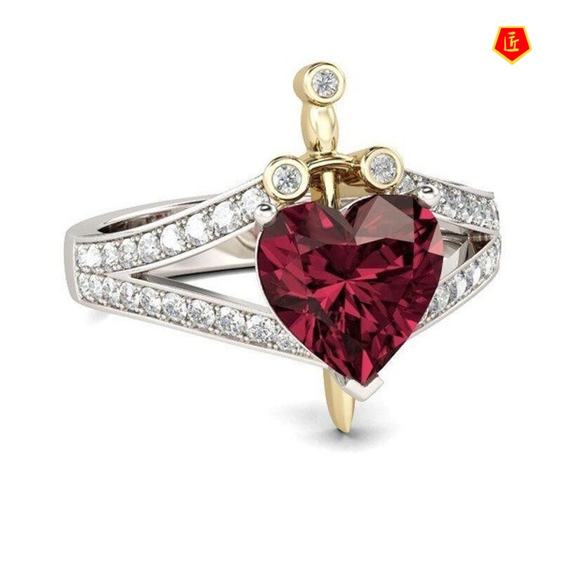 [Ready Stock]925 Silver Creative Heart-Shaped Ruby Crown Ring