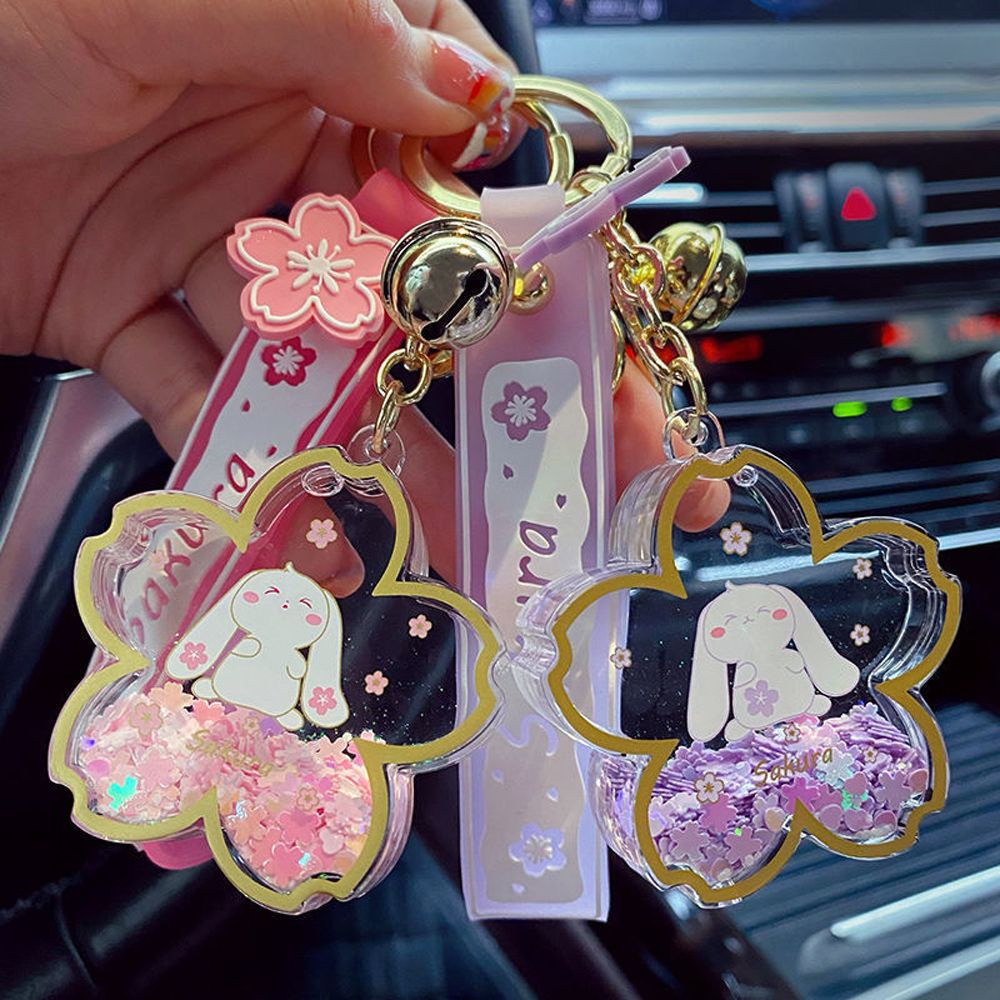 QUINTON Cute Sakura Quicksand Keychain Gift Keyring Liquid Sequins Car Key Ring Trinket Jewelry Cartoon Bunny Acrylic Key Chain Pendant/Multicolor