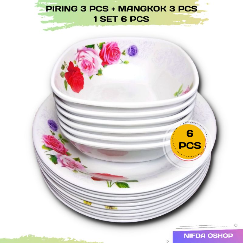 Set Piring Mangkok Melamin 6 PCS Motif Bunga