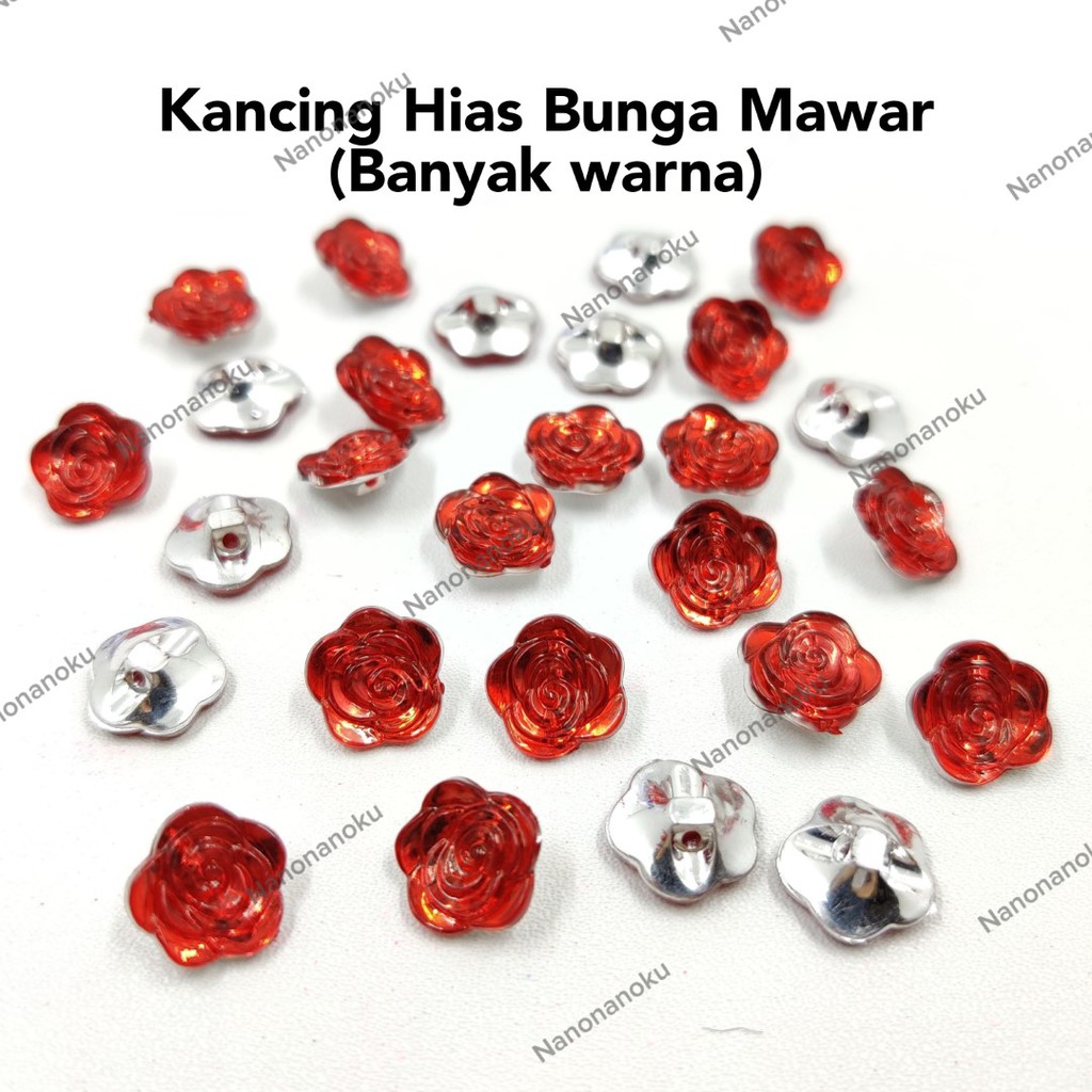 [100 buah] Kancing Bunga MAWAR Baju - Kancing Hias - Transparan Tapak Perak