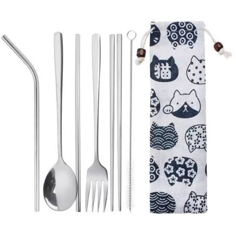 SET ALAT MAKAN / SET PERLENGKAPAN MAKAN SENDOK GARPU SEDOTAN 6 pcs - SILVER