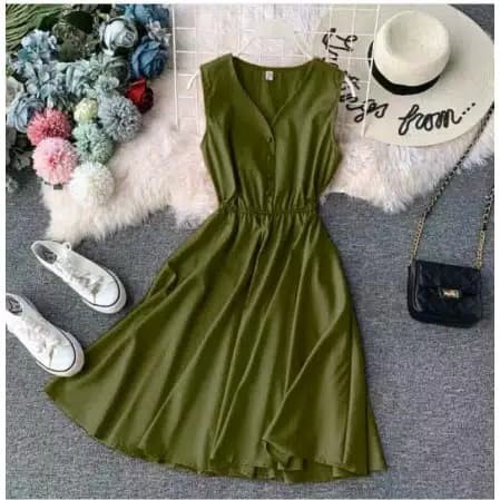 Midi Dress You Can See Tanpa Lengan Korea Kancing V Neck Karet Selutut - Maroon(H1X9) ootd Long Tuni