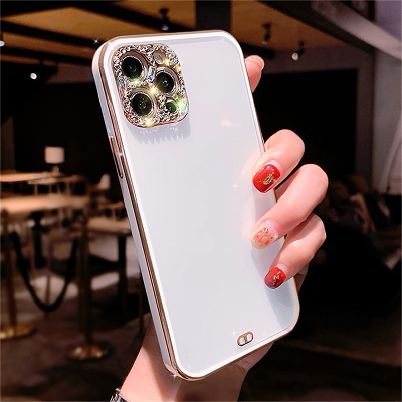 Soft Case Transparan Frame Electroplated Glitter Berlian Kamera Untuk iPhone 13 12 11 Pro X XS Max Mini XR SE2 7 8 Plus