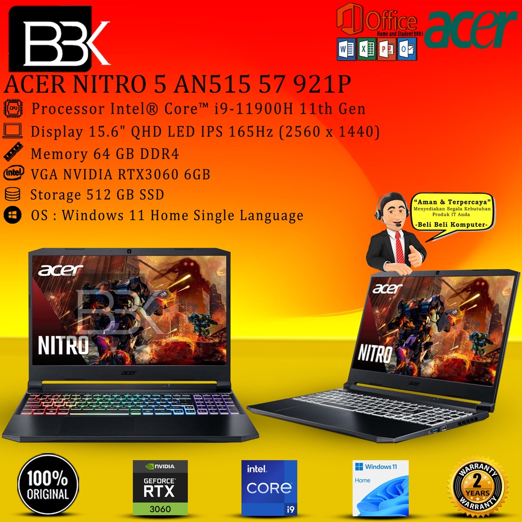 ACER NITRO 5 AN515 57 921P - I9 11900H 64GB 512SSD RTX3060 6GB 15.6QHD