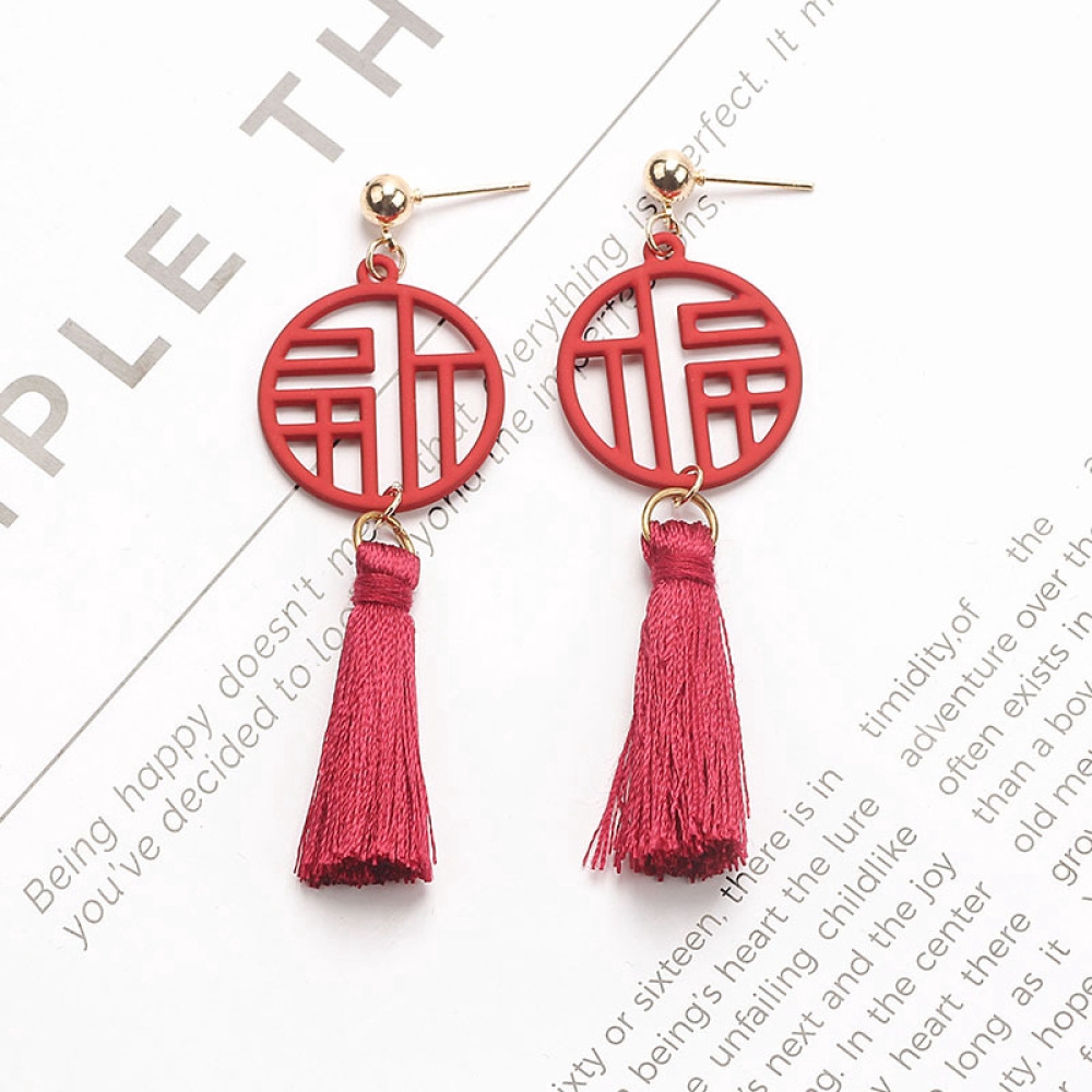Anting Gantung Panjang Model Rumbai Warna Merah Gaya Cina Untuk Wanita