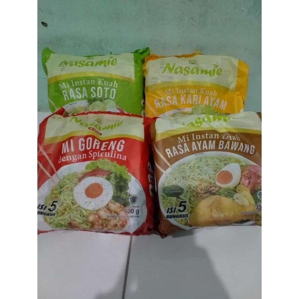 

Nasamie/mi hijau spirulina/non penguat rasa/mi sehat/soto ayam/kari ayam/ayam bawang/mi goreng