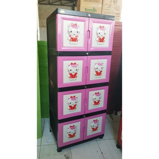  LEMARI  PLASTIK  SUSUN 4 FULL KUNCI HELLO  KITTY  MOTIF TIMBUL 