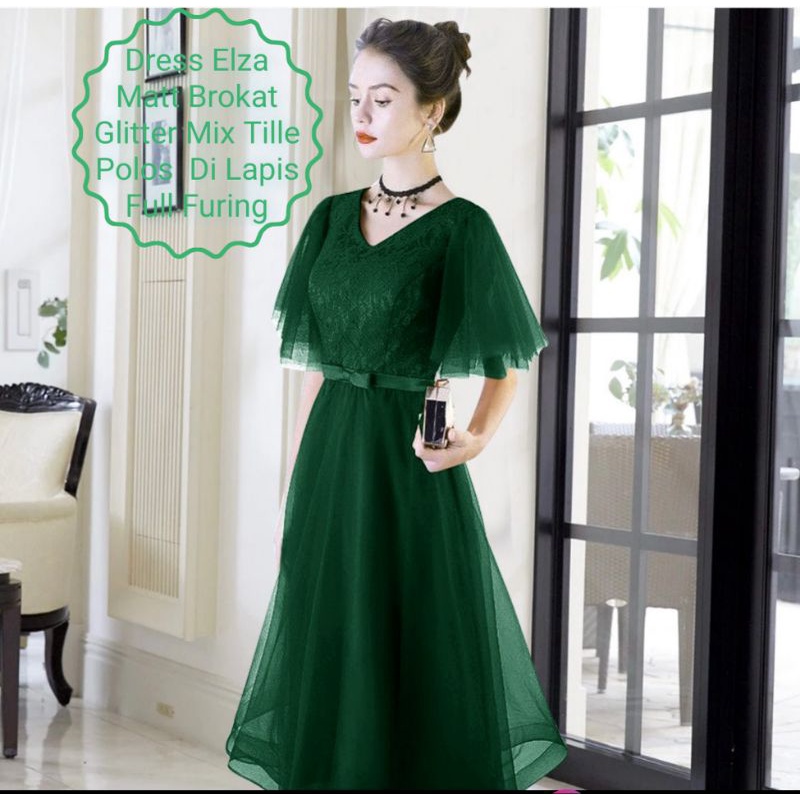 Dress Wanita Midi Terbaru Matt Brokat Glitter/Dress Elza Size  L-XL-XXL Cocok Untuk Acara Natal Dan Pesta Model Kekinian Viral