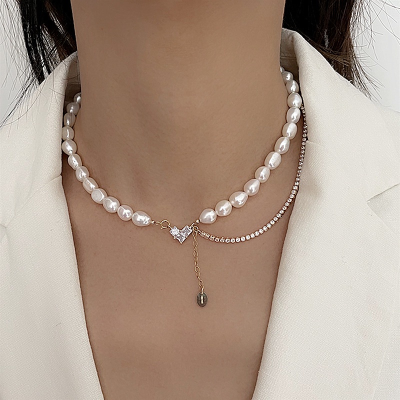 Korean Simple Style Zircon Imitation Pearl Buling Buling Heart Pendant Niche Design Women Clavicle Necklace