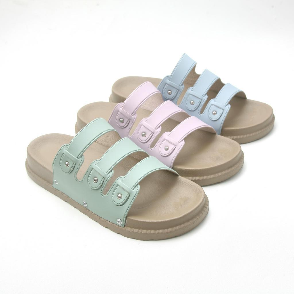 SANDAL WANITA PLATFORM BAN TIGA KOKOP SELOP WARNA PASTEL