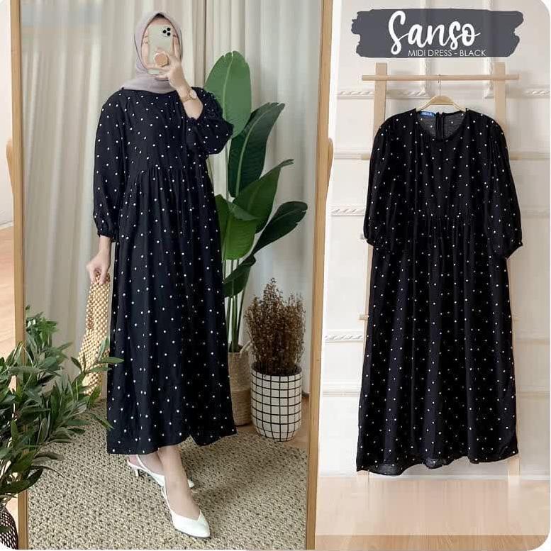 Sanso Midi Dress Katun Rayon Jumbo LD 110 cm Motif Polkadot Premium | Homey Dress Rayon Busui Friend