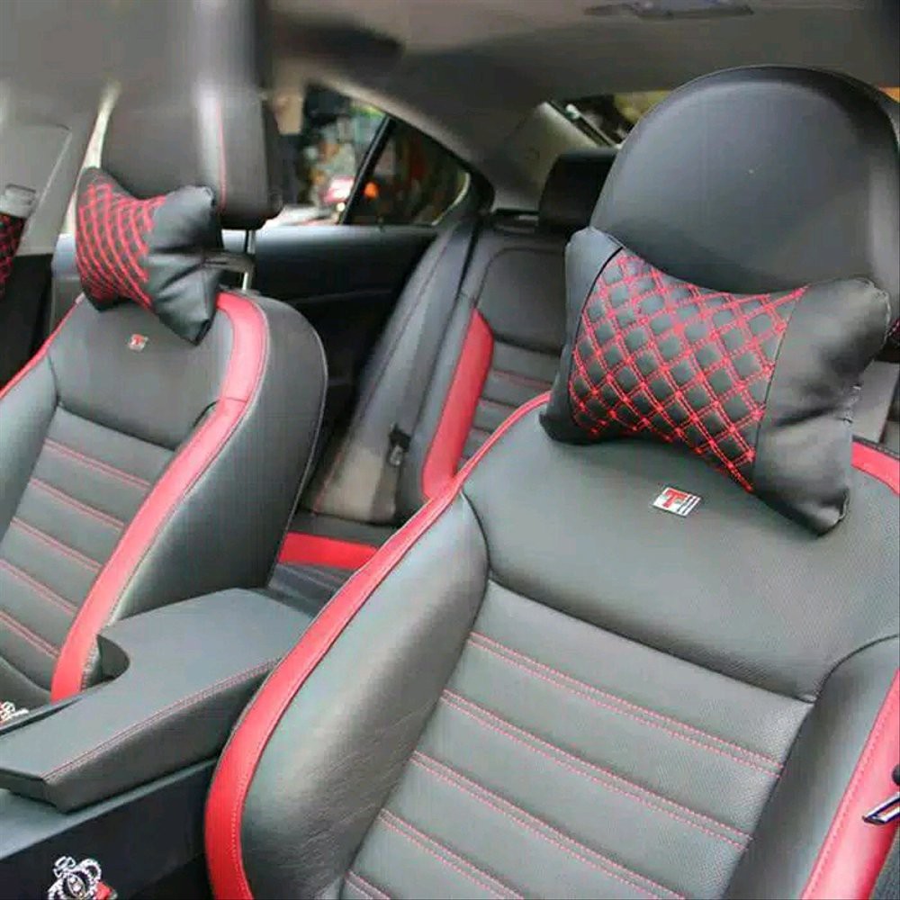 Bantal sandaran tatakan alas HEADREST kepala / leher mobil benang putih BENANG MERAH UNIVERSAL empuk