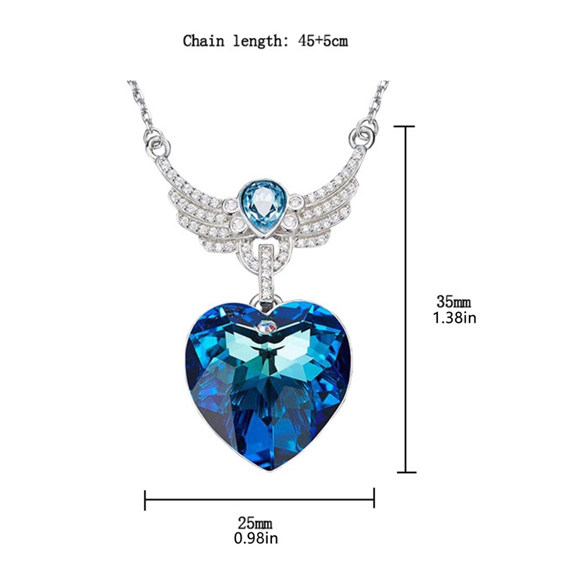 Kalung Wanita Bentuk Sayap Malaikat Hati Aksen Kristal Biru Untuk Hadiah Hari Valentine