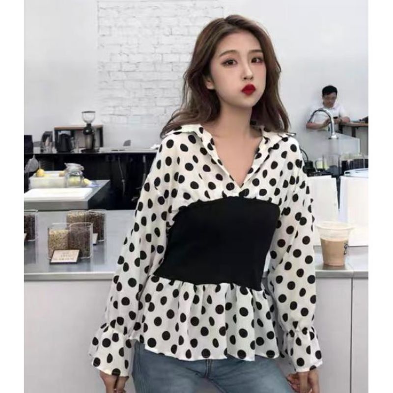 MDLV ~ 0088 POLKADOT PEPLUM TOP // ATASAN LENGAN PANJANG RAJUT COMBI // FASHION IMPORT WANITA