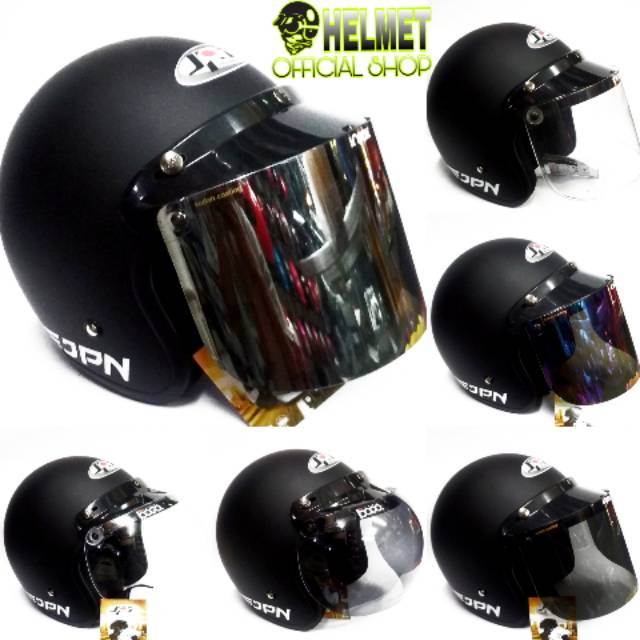 HELM BOGO JPN RETRO HITAM DOP KACA DATAR & CEMBUNG ...