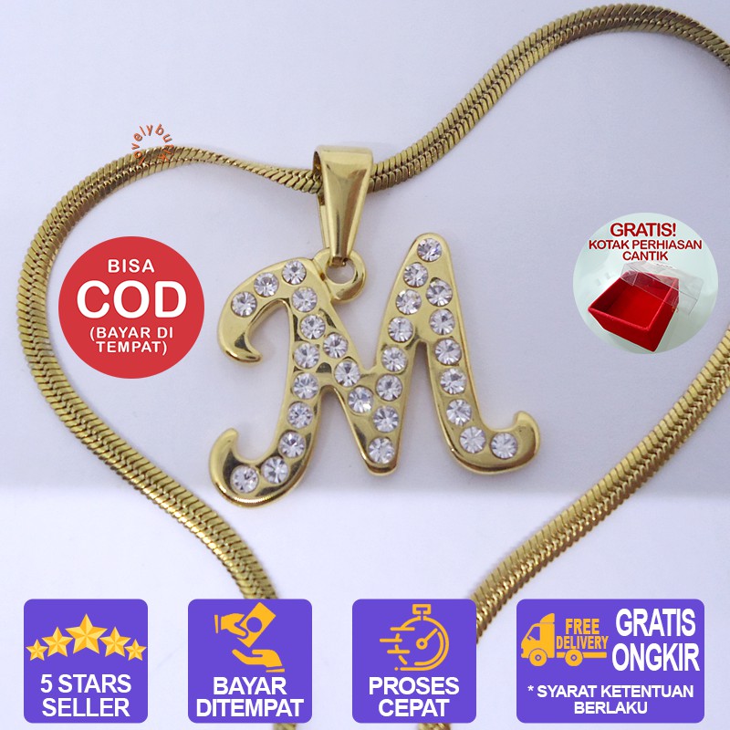 Lovelybutik Honey Kalung Huruf Titanium Anti Karat Inisial M Uk 45 cm BONUS KOTAK PERHIASAN