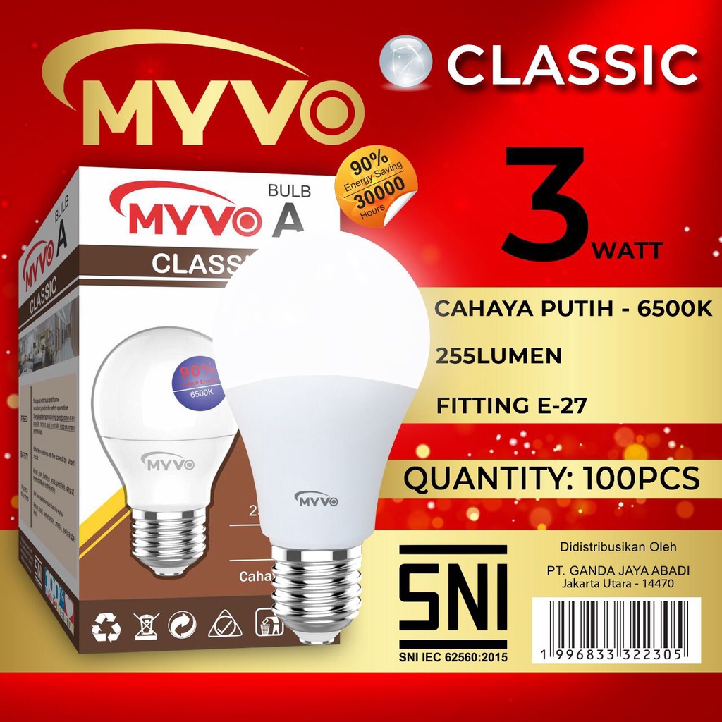 Lampu Led 3watt Myvo Classic A Bulb Cahaya Putih Bergaransi