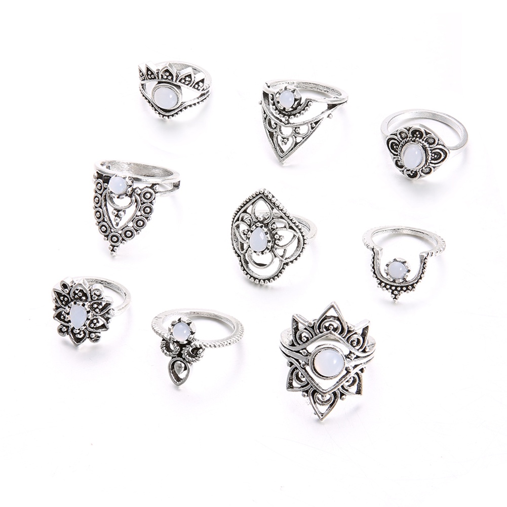 Hu Hu Hu Hu Hu Alat Bantu Pasang Kacamata♡ 9pcs / Set Cincin Buku Jari Aneka Bentuk Warna Silver Gaya Retro Untuk Wanita