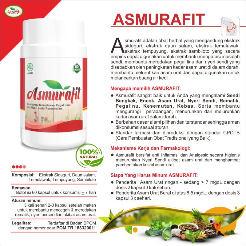 Kapsul Asmurafit 60 Kapsul CV. Berkah Alam - Asmurafit Obat Herbal Asam Urat Rematik Pegal Linu Nyeri Sendi