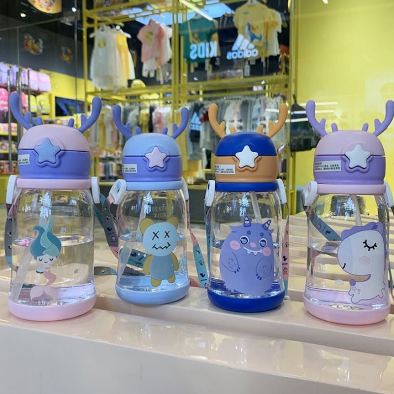 Botol Air Minum Sedotan TANDUK RUSA Tali Panjang / Botol Minum Anak 600ML Bpa Free Packing Bubble