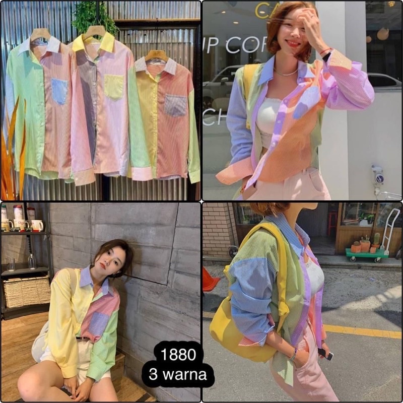 Kemeja Oversize Bae Suzy stradiv*rius warna warni pelangi Lengan Panjang Premium