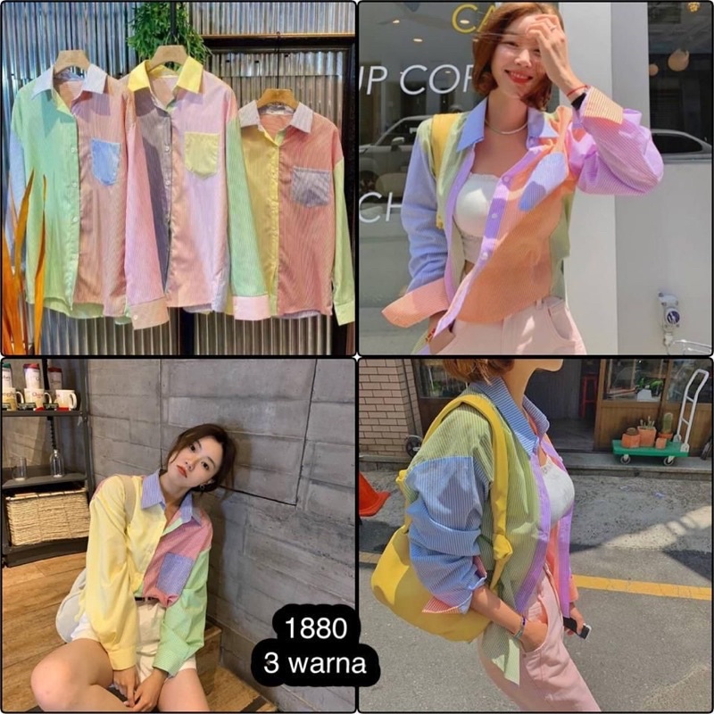 Kemeja Oversize Bae Suzy stradiv*rius warna warni pelangi Lengan Panjang Import Premium