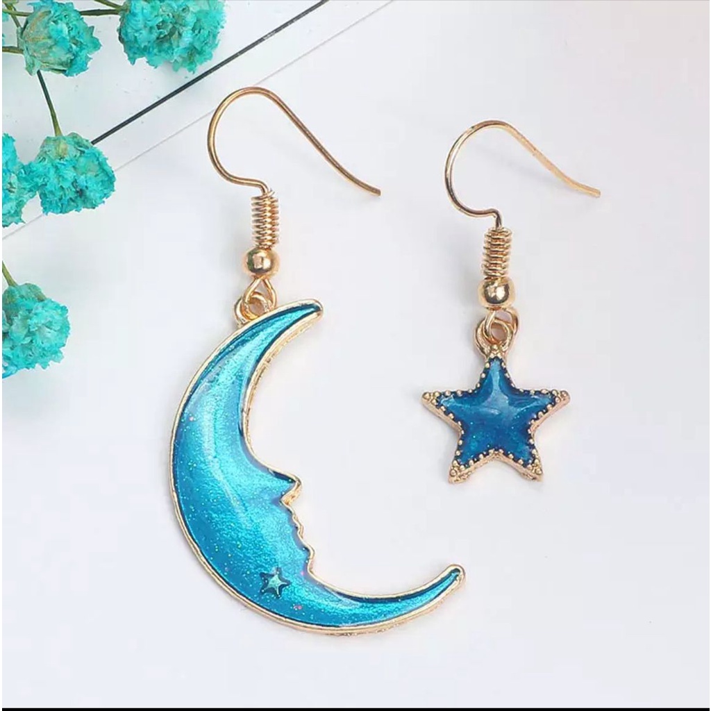 F10 ANTING anting earrings unik warna hijau tosca model bentuk bulan bintang simpel simple lucu unik