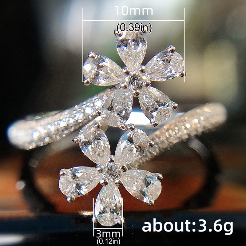 Cincin Wanita Model Terbuka Desain Bunga Hias Kristal Cubic Zirconia Adjustable Untuk Pernikahan