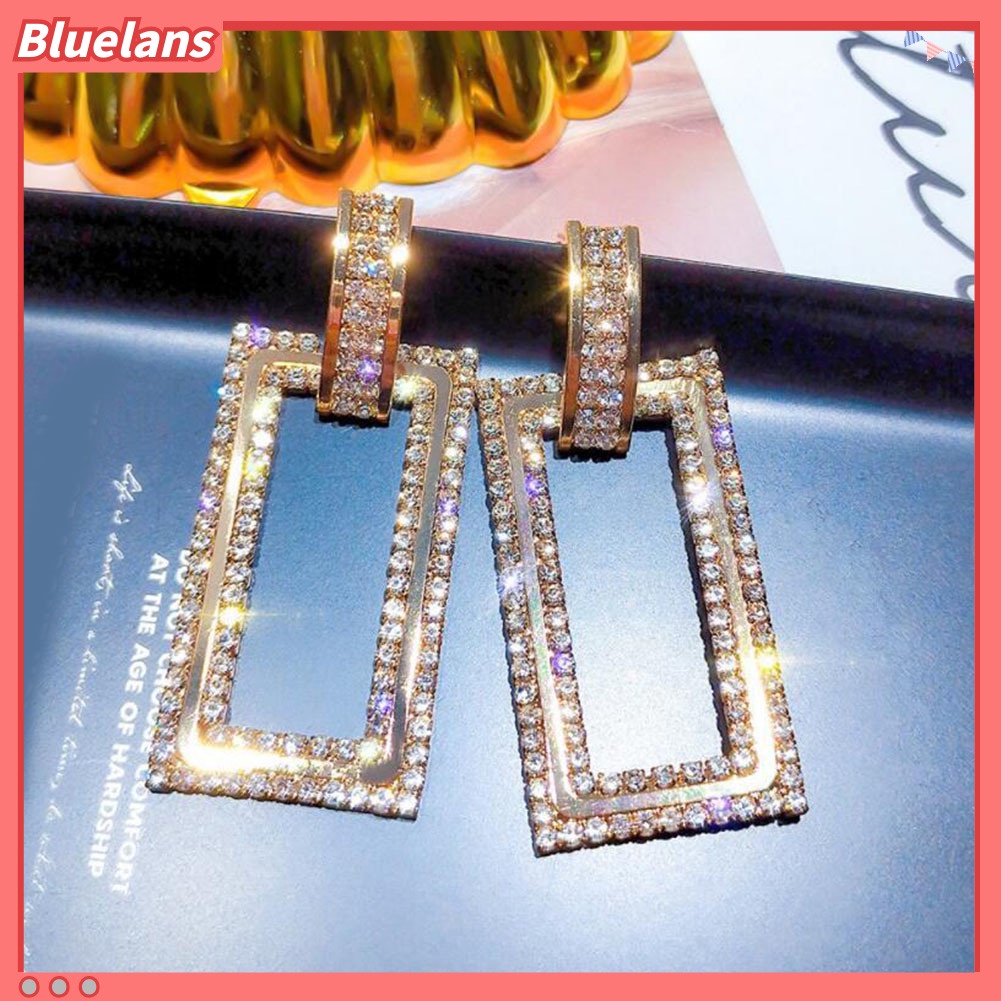 Bluelans Women Rhinestone Inlaid Hollow Rectangle Dangle Ear Stud Earrings Jewelry Gift