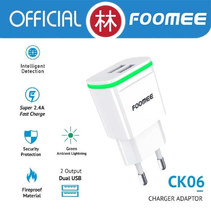 Foomee CK06 Charger Dual USB Output With Green Light LED Fast Charge